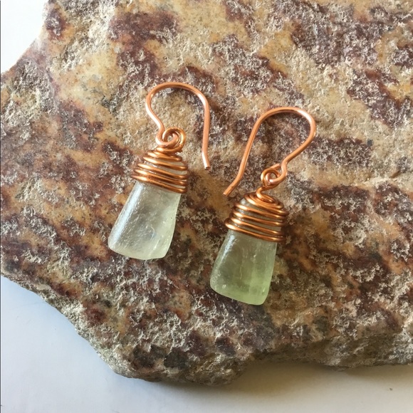 Aqua Green raw Calcite Crystal Copper Earrings - Picture 2 of 4